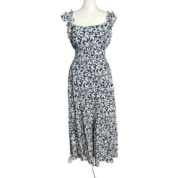 Y2K A&F Floral Midi Dress Smocked Ruffle Blue Boho Romantic Cottagecore Sz SP - Picture 2 of 11